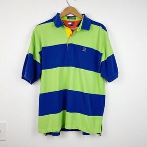 Vintage 90s Y2K Tommy Hilfiger Green and Blue Striped Polo‎ Shirt
